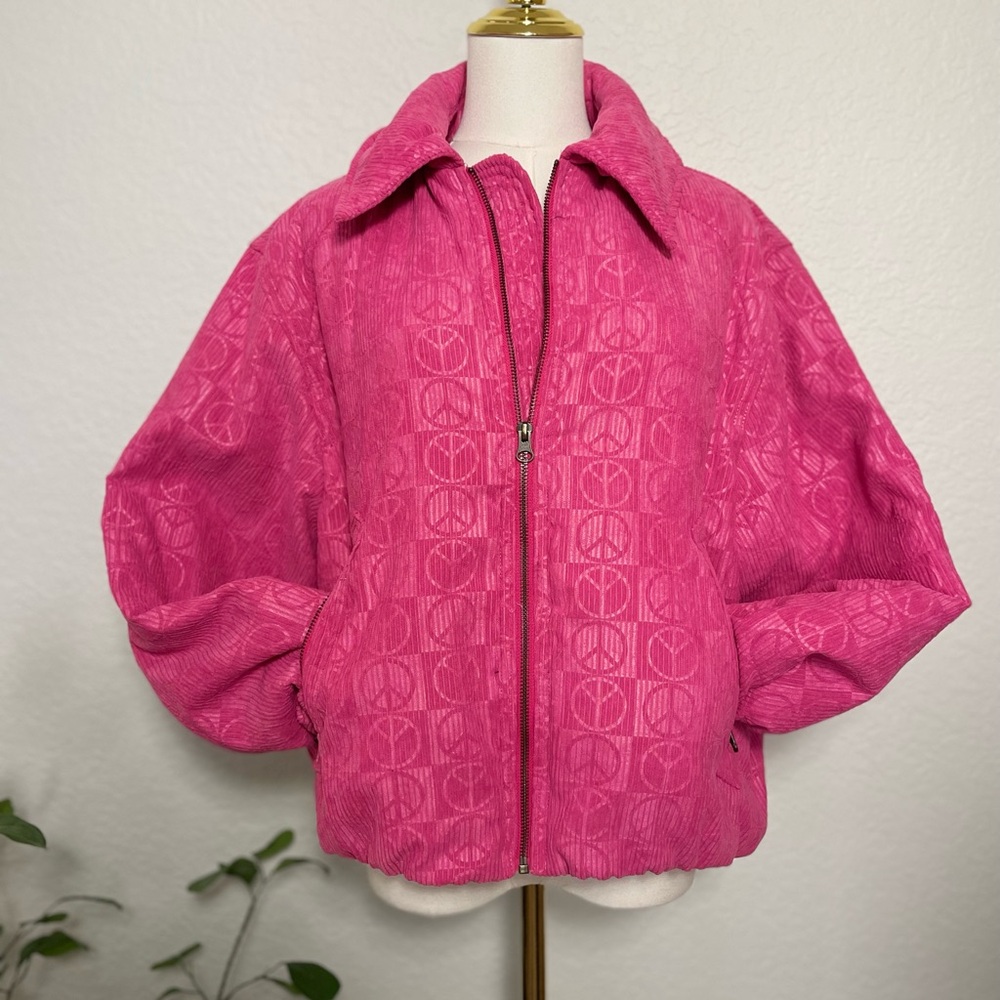 Urban Outfitters Pink Corduroy Zip Up Jacket – Retro Peace Sign Pattern